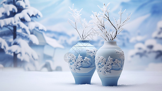 大雪中两个立体雕花古花瓶图片