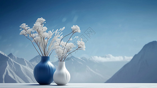 优雅的蓝白色小花瓶插着白色花束图片