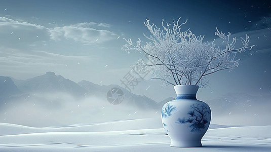 大雪中插着一枝树的古风花瓶图片