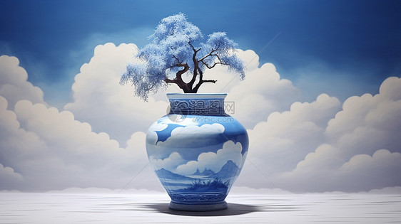 有云朵图案的古风蓝色花瓶插着一枝古松图片