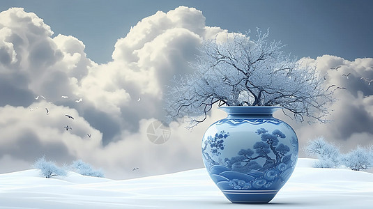 雪地中精美雕花古风花瓶插着古松图片