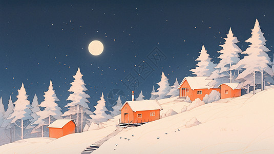 夜晚雪地中山坡上几座红色卡通小房子扁平风插画图片