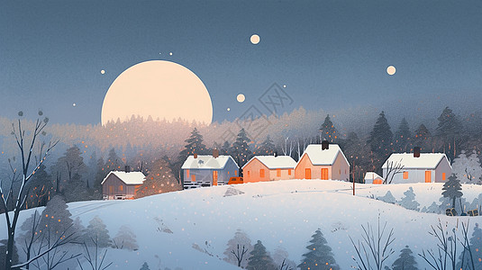 冬天夜晚唯美漂亮的卡通小村庄图片