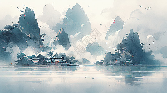 中国风古风山水画湖边一座古风建筑背景图片