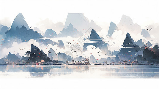 中国风山水画梦幻唯美的山川风景图片