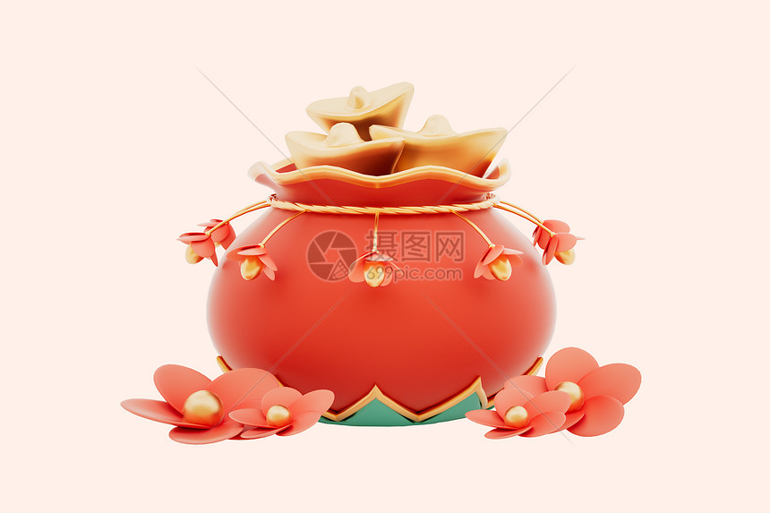 c4d立体新年开花福袋3d插画图片