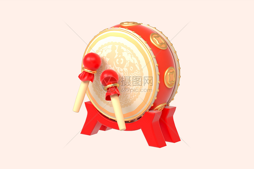 c4d立体中国风锣鼓卡通3d插画图片