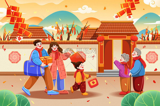 春节新年年俗回家过年拜年插画图片