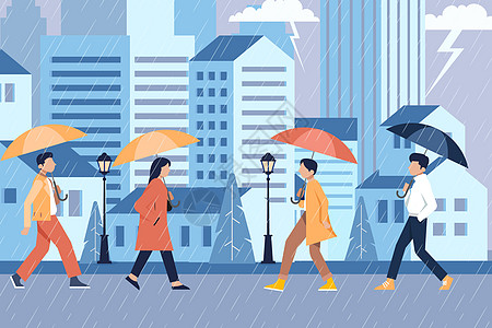 雨水节气下雨城市街道行人背景图片