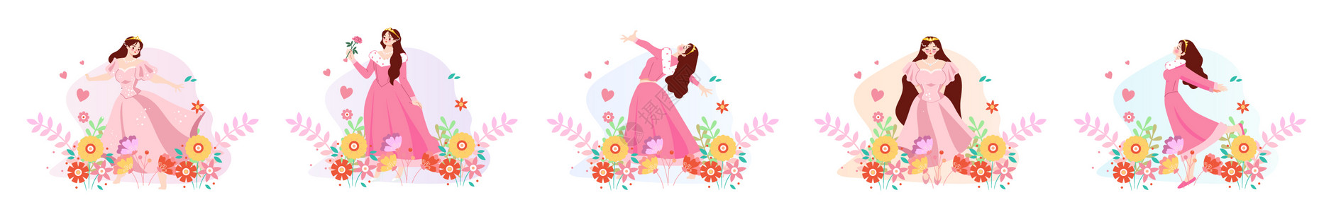 玫瑰花妇女节扁平风小清新鲜花女王舞蹈场景氛围人物svg插画元素插画