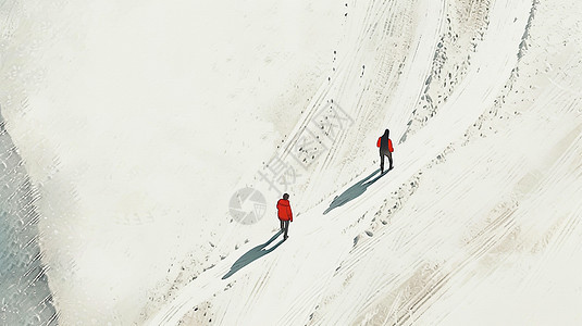两个爬雪山小小的卡通人物扁平风插画图片