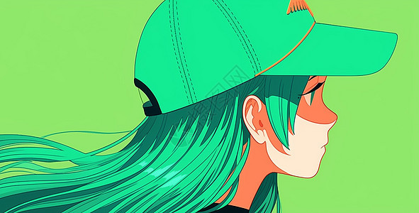 戴着绿色棒球帽卡通女孩侧面头像图片