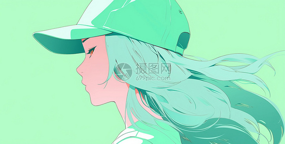 绿色长发时尚的卡通女孩戴着棒球帽图片