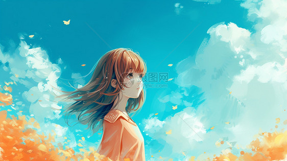 站在蓝天白云下花丛中小清新卡通女孩图片