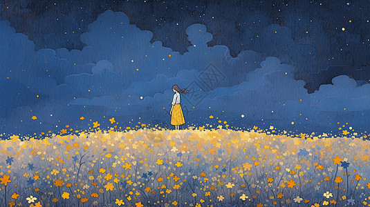 夜晚站在山坡上穿黄色半身裙的卡通女孩背影高清图片