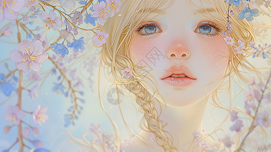 在蓝色花朵树下小清新漂亮的卡通女孩正面头像图片