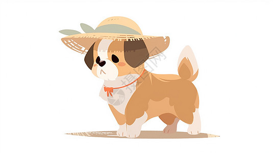 戴着小草帽开心走路的卡通小狗图片