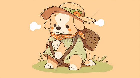 背着旅行包戴着草帽准备旅行的卡通小狗图片