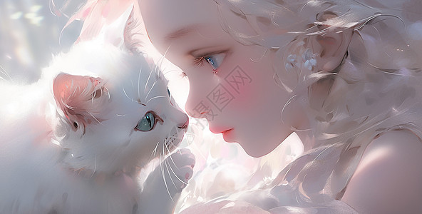 与白猫对视漂亮梦幻的小清新卡通女孩图片