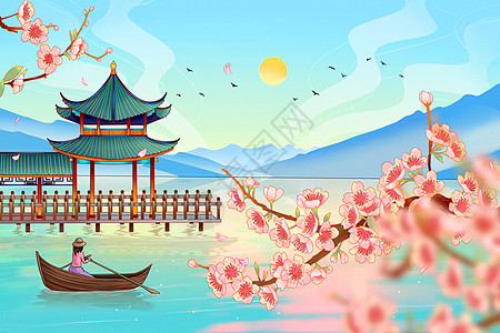 二十四节气春分山水国潮手绘樱花亭子小船图片