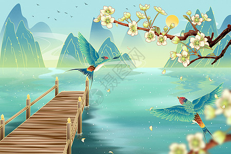 柯桥二十四节气春分山水国潮手绘梨花燕子桥码头插画