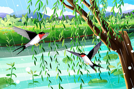 春天植物柳树发芽燕子双飞插画背景图片