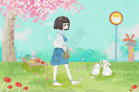 樱花春天女孩散步插画背景图片
