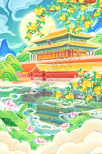 国潮风北京故宫神武门二十四节气立夏枇杷莲花场景插画背景图片