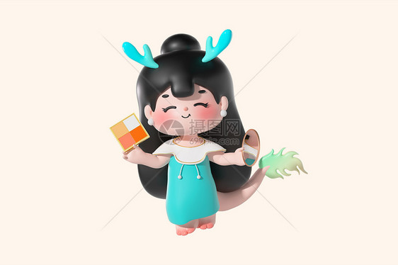 c4d立体卡通小龙女妇女节化妆品3d插画图片