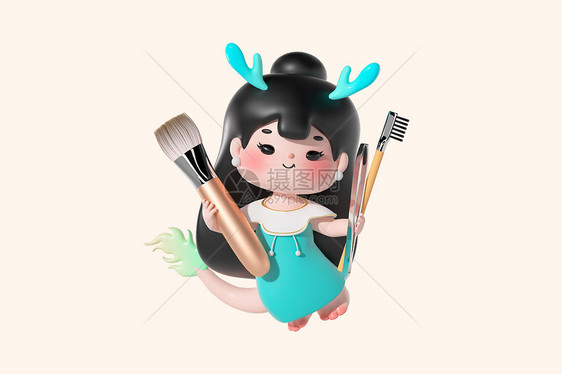 c4d立体卡通小龙女妇女节化妆品工具3d插画图片