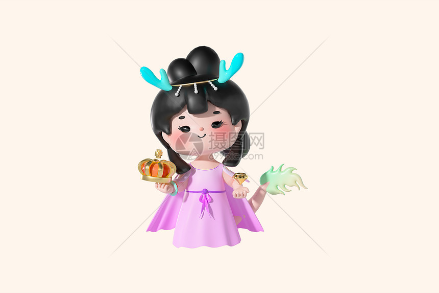 c4d立体卡通小龙女妇女节手拿王冠3d插画图片