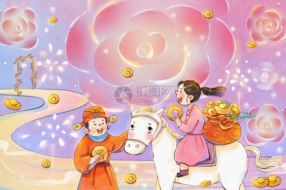 手绘水彩财神CP之走向爱情之门插画图片