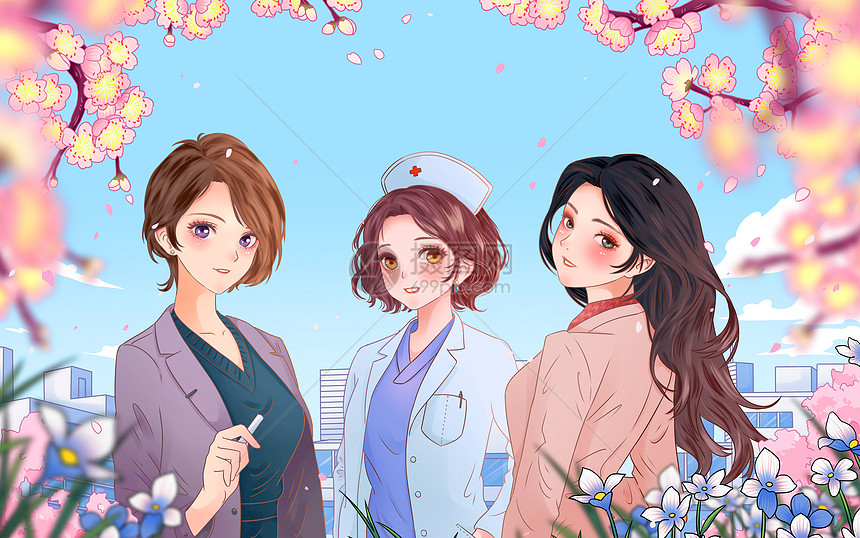 妇女节护士教师女白领人物樱花手绘插画卡通图片