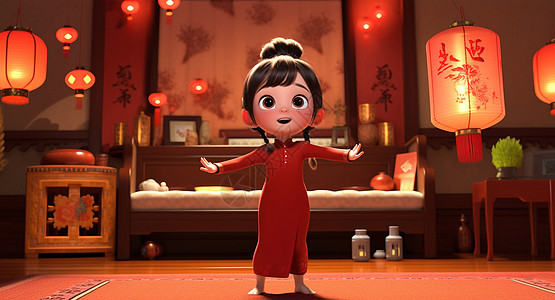 穿着古风服装的可爱卡通小女孩在喜庆的节日下欣赏红灯笼图片
