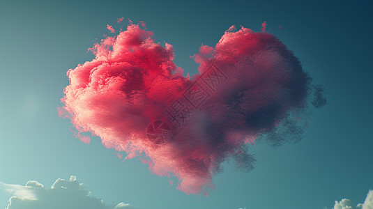 天空悬浮的红色抽象爱心形状卡通云朵图片