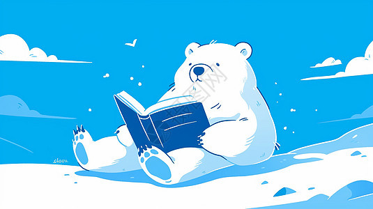 认真看书的可爱卡通北极熊插画图片