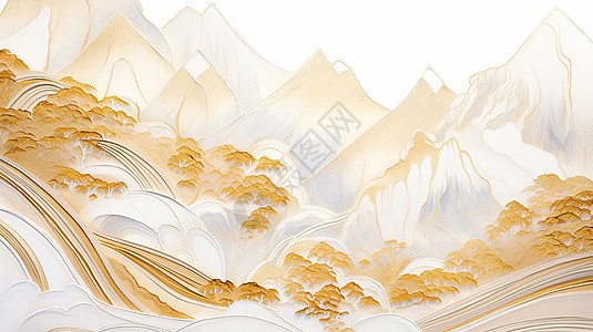 古风黄金色优雅大气的大理石卡通山水画图片