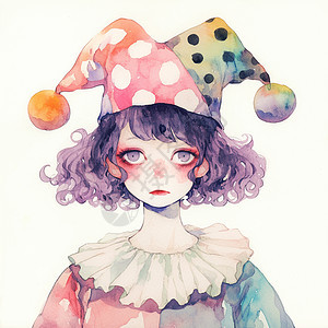 戴着小丑帽子可爱的水彩风卡通小女孩图片