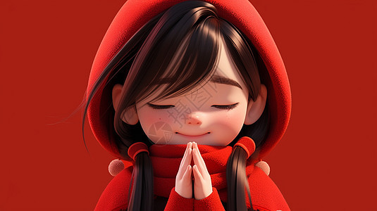 双手合十穿着红色外套在祈福的卡通女孩图片