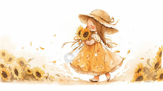 穿着黄色裙子可爱的卡通小女孩在向日葵花园中图片