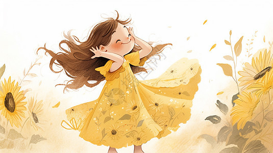 穿着黄色裙子可爱的卡通小女孩在向日葵花园中图片