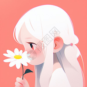 小清新白色头发可爱的卡通小女孩与小雏菊简约插画图片