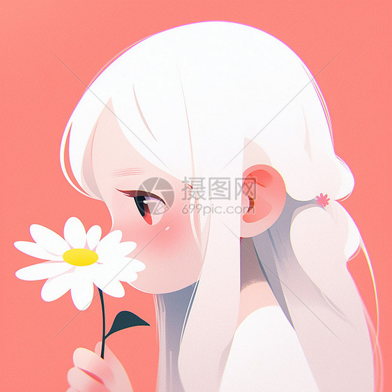 小清新白色头发可爱的卡通小女孩与小雏菊简约插画图片