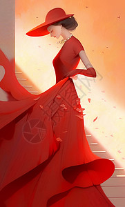 女神节穿着红色长裙优雅时尚的卡通女人插画