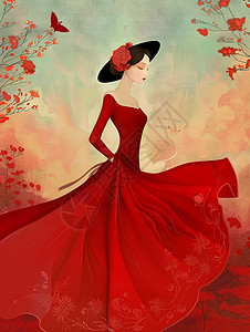 简约油画风穿着红色长裙的复古卡通女人插画高清图片