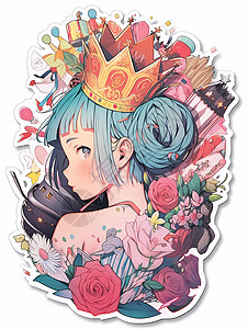 头上戴着皇冠收到很多礼物和花朵的可爱卡通女孩贴纸图片