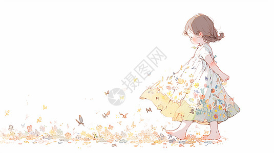 穿着花裙走在花丛中的可爱的卡通小姑娘图片