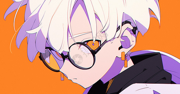 橙色背景戴着黑框眼镜的白色短发卡通大男孩图片