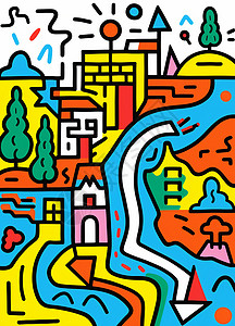 简约彩色粗线条抽象卡通山水房子风景画高清图片