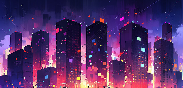 城市霓虹夜晚华丽扁平风炫彩的卡通城市插画